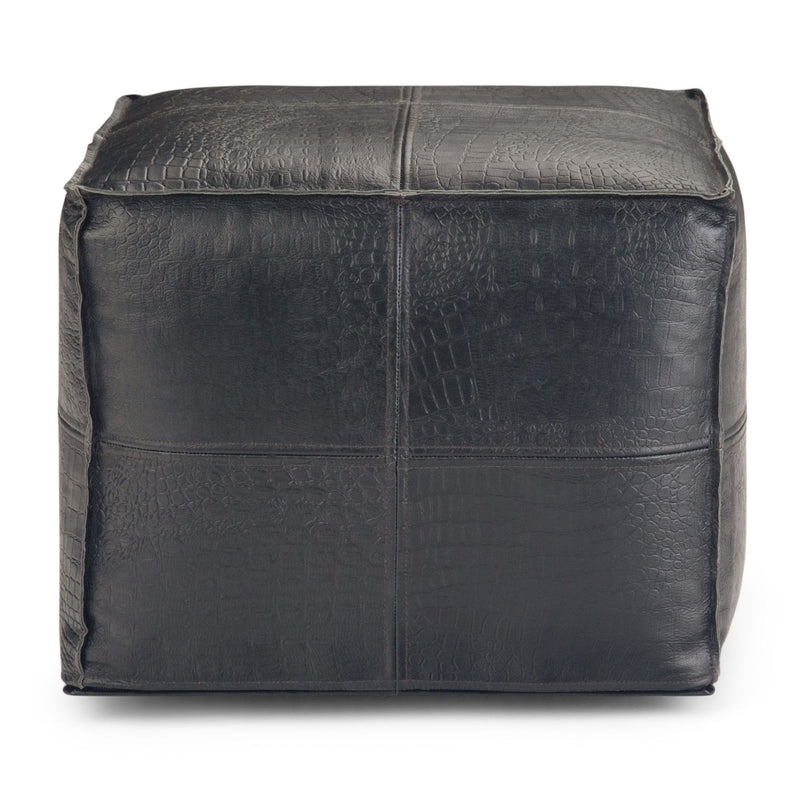 Black Bowen square pouf by Simpli-Home, accent pouf with a soft, cushioned fabric top and sturdy square shape for versatile seating.