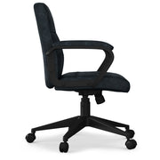 Distressed blue Simpli-Home swivel office chair with a modern design and adjustable height, featuring a cushioned seat and backrest.