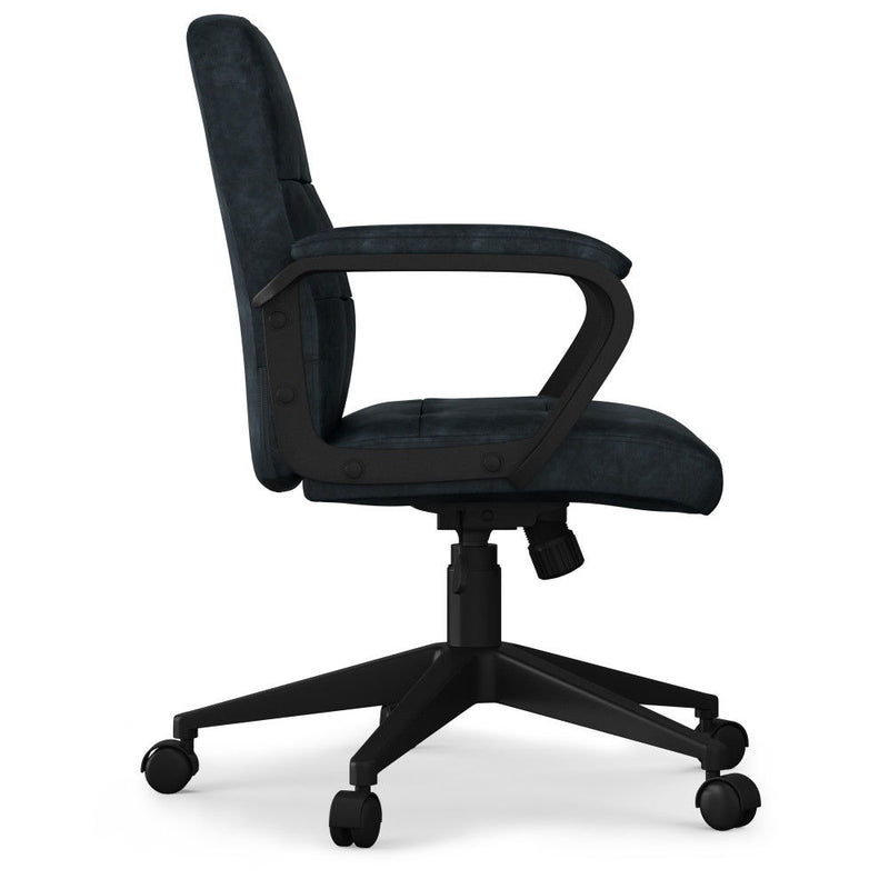 Distressed blue Simpli-Home swivel office chair with a modern design and adjustable height, featuring a cushioned seat and backrest.