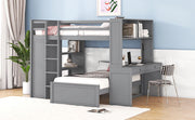 DreamHaus loft bed with twin standalone bed, built-in shelves, desk, and wardrobe, showcasing a modern space-saving design.