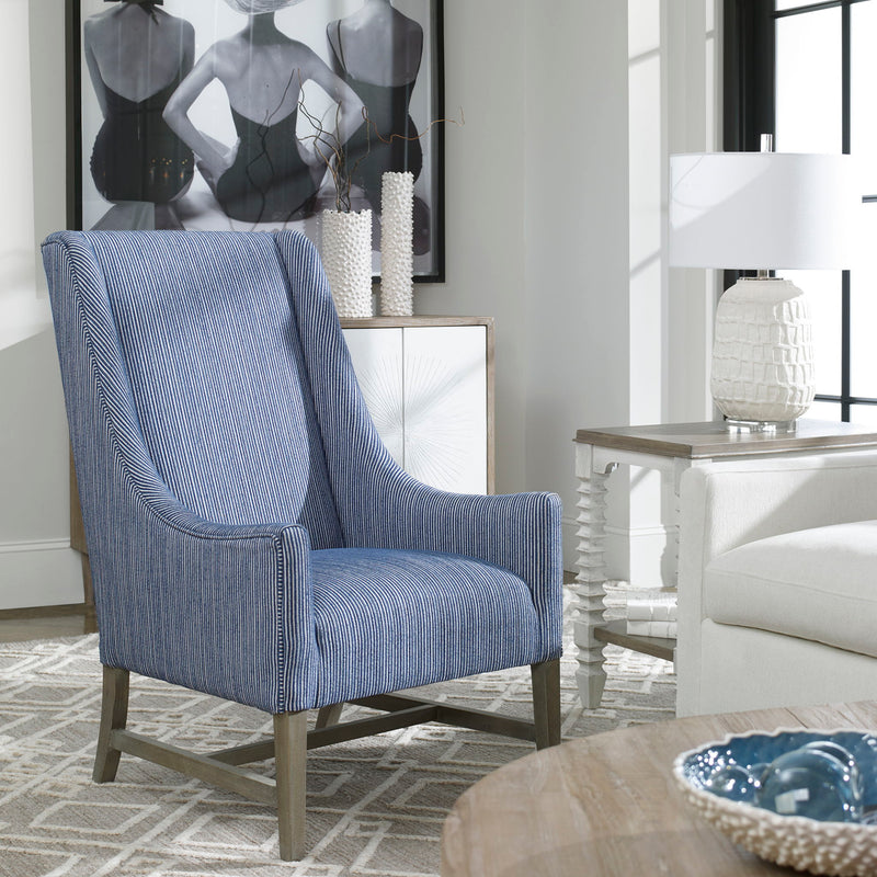 Blue Galiot Wingback Accent Chair by Uttermost featuring a plush upholstered seat and high backrest for elegant comfort.