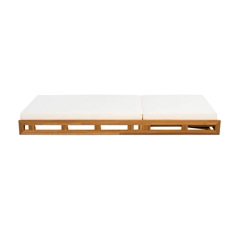 Premium Acacia Wood Lounge Chaise Set With Water Resistant Cushions, Adjustable Recline - Cream / Teak - R&R Furniture Gallery (Fountain Valley, CA)