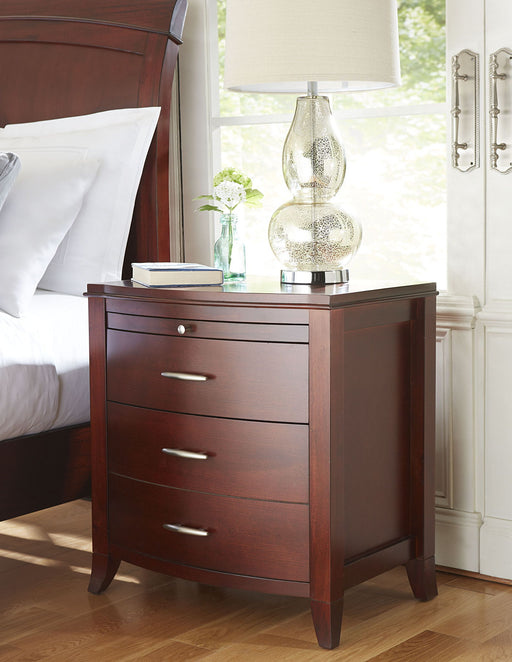 Modus Brighton Charging Station Nightstand in cinnamon wood finish, showcasing a sleek standalone bedside table with built-in charging ports.