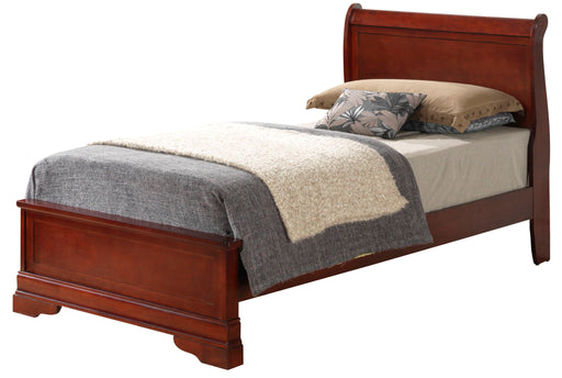 Glory Furniture sleigh bed with low footboard, showcasing elegant wood design and curved sleigh headboard in a bedroom setting.