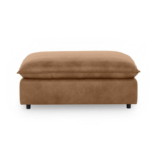 Classic Home Caplan upholstered ottoman with tufted fabric and wooden legs, designed for versatile living room use.