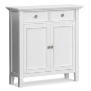Simpli-Home Amherst storage cabinet with wood finish, featuring doors and shelves for versatile accent storage in living spaces.