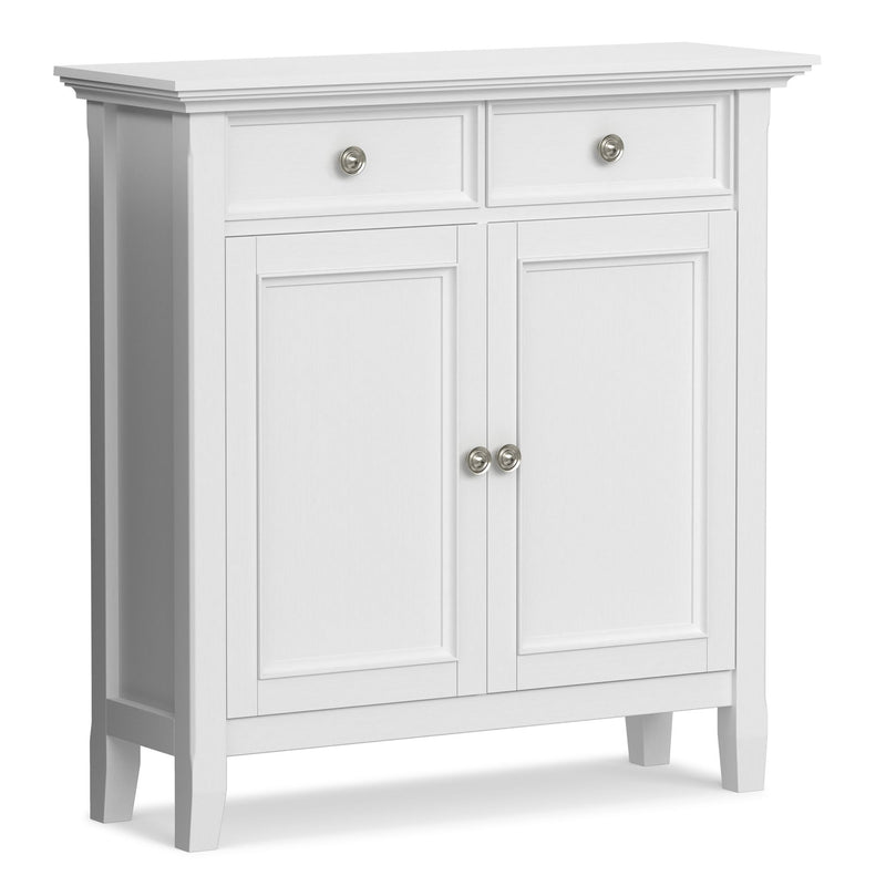 Simpli-Home Amherst storage cabinet with wood finish, featuring doors and shelves for versatile accent storage in living spaces.