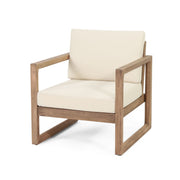 Noble House 4-piece acacia wood outdoor patio furniture set with beige cushions, includes coffee table and deep seating porch chairs.
