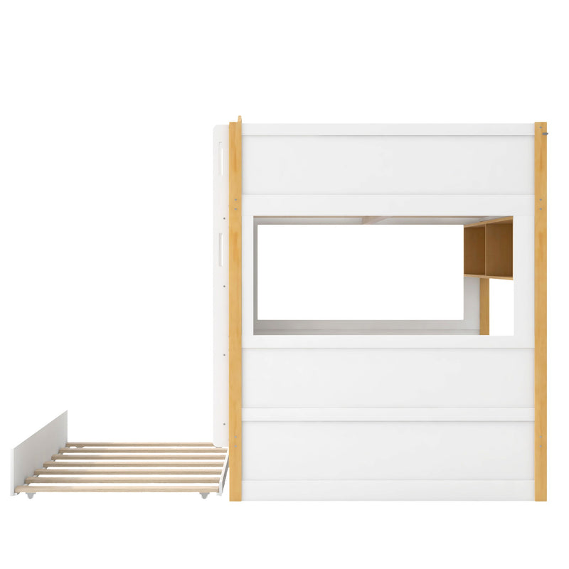 White and natural full over full bunk bed with storage shelves and trundle, made by Dreamland, shown in a bedroom setting.
