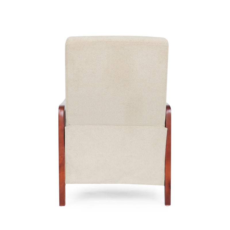 Noble House mid-century modern fabric channel stitch wood pushback recliner with cushioned seat and sleek wooden legs.