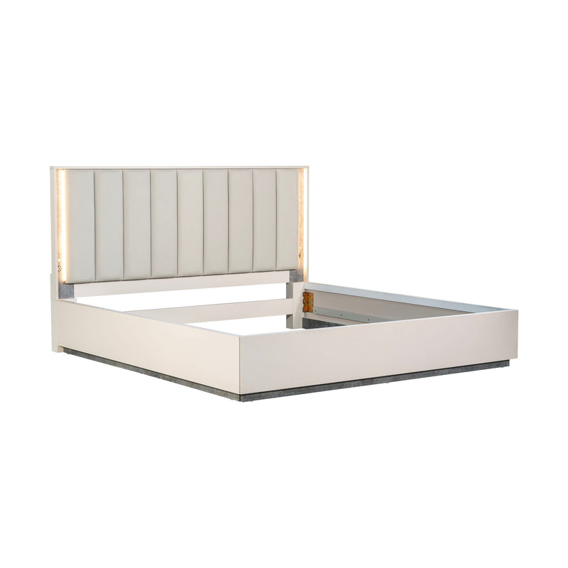 Michael Amini Pavira upholstered bed with integrated LED lights, featuring a plush headboard and modern design.