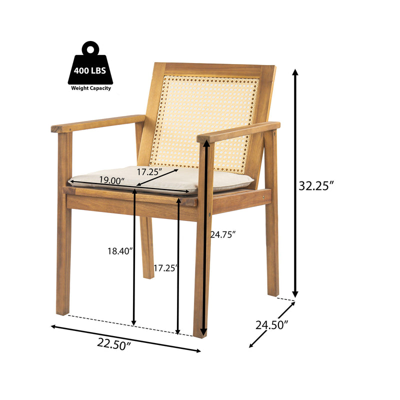 Noble House Preston outdoor dining chair set with teak frames and beige cushions, two chairs with armrests and woven design.