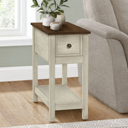 8th Street accent end table with two tiers, narrow design, storage drawer, and a lamp, featuring a charming modern look