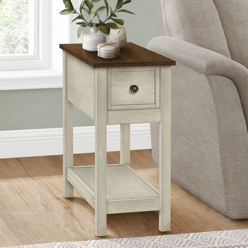 8th Street accent end table with two tiers, narrow design, storage drawer, and a lamp, featuring a charming modern look