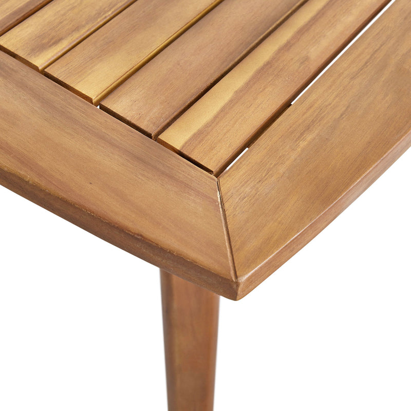 Modern indoor square dining table by Noble House with acacia wood surface and toothpick leg design.