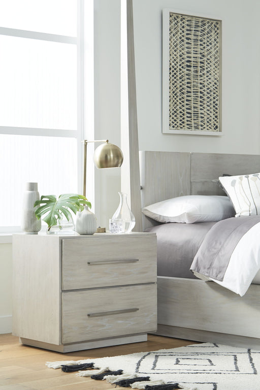 Modus Destination Two Drawer Nightstand in Cotton Grey with sleek modern design and smooth drawer fronts.