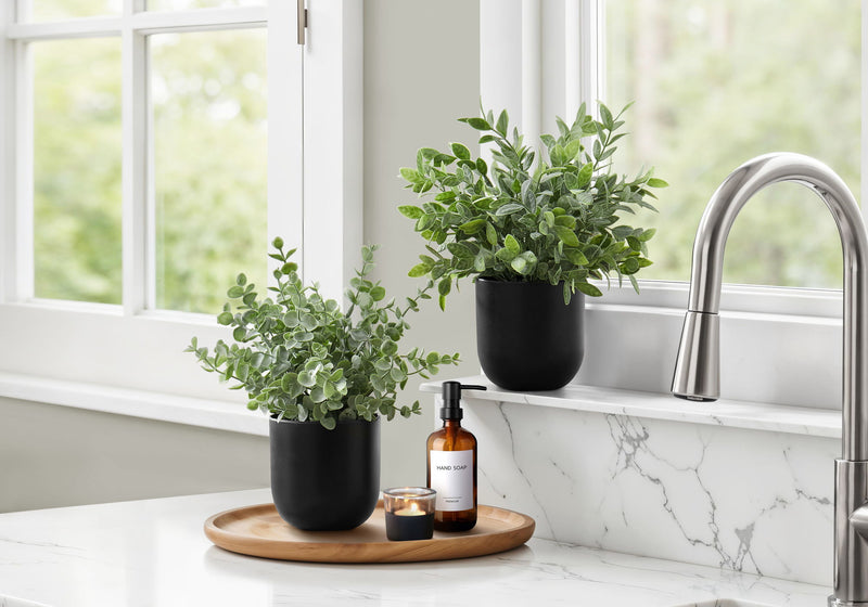 11" Tall, Artificial Plant, Eucalyptus Grass, Indoor, Faux, Fake, Table, Greenery, Potted, Decorative (Set of 2) - Green / Black - R&R Furniture Gallery (Fountain Valley, CA)