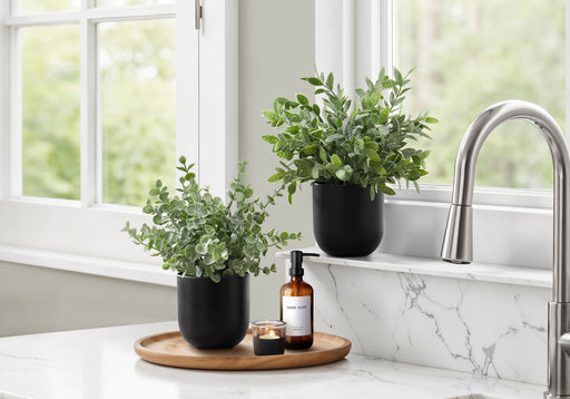 11" Tall, Artificial Plant, Eucalyptus Grass, Indoor, Faux, Fake, Table, Greenery, Potted, Decorative (Set of 2) - Green / Black - R&R Furniture Gallery (Fountain Valley, CA)