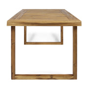 Noble House outdoor 7-piece dining set with beige cushions, sandblasted natural wood finish, includes table and six chairs.