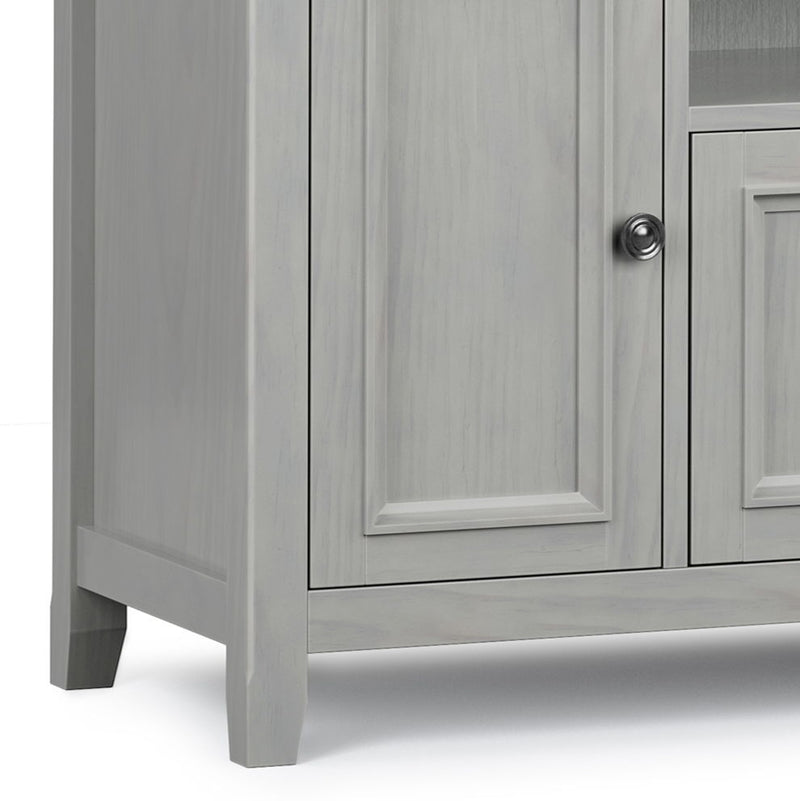 Simpli-Home Amherst wide TV media stand with open shelves and storage drawers, modern wood finish for living room entertainment setup