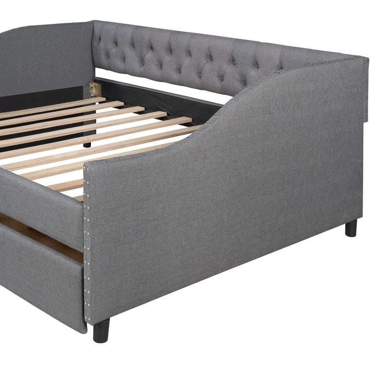 DreamHaus upholstered daybed with two drawers and wood slat support, ideal for stylish storage and comfortable seating.
