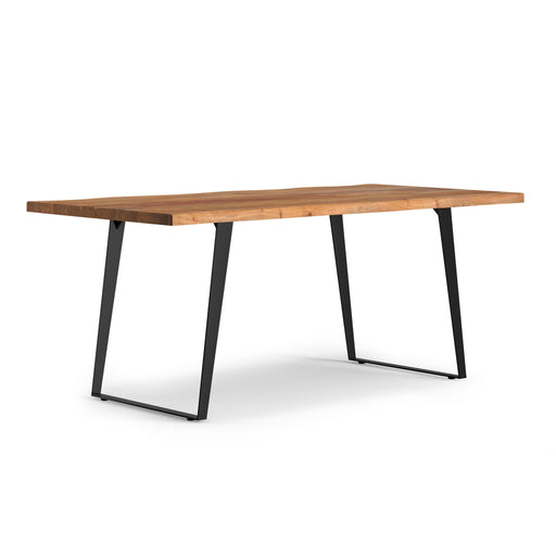 Simpli-Home Delta handcrafted dining table with wooden finish, sturdy legs, and spacious surface for family meals.