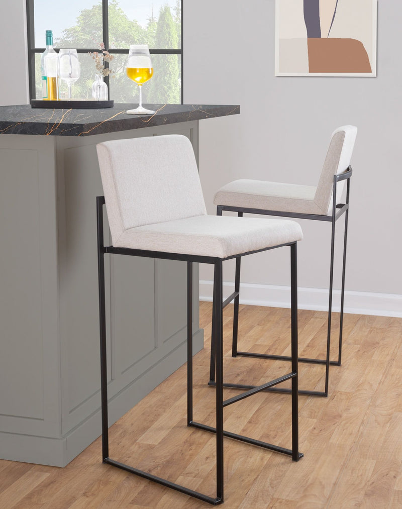 Lumi Source Fuji contemporary high back barstool with elegant design, featuring wooden legs and a cushioned seat, ideal for modern bars.