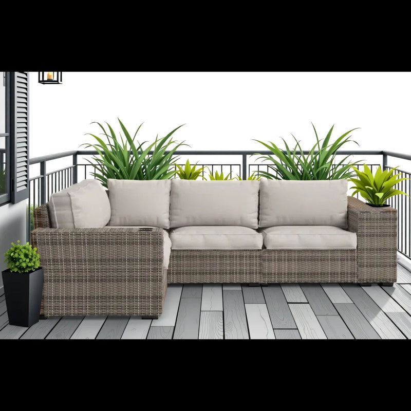 Wide Outdoor Wicker Patio Sectional With Cushions & Reversible Design - Gray - R&R Furniture Gallery (Fountain Valley, CA)