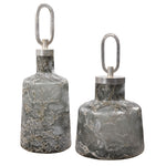 Pair of dark gray Uttermost Storm art glass bottles, decorative vases and jars with sleek, modern design for home decor.