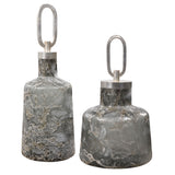 Pair of dark gray Uttermost Storm art glass bottles, decorative vases and jars with sleek, modern design for home decor.