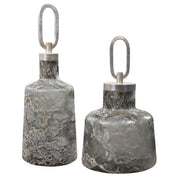 Pair of dark gray Uttermost Storm art glass bottles, decorative vases and jars with sleek, modern design for home decor.