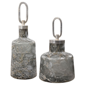 Pair of dark gray Uttermost Storm art glass bottles, decorative vases and jars with sleek, modern design for home decor.