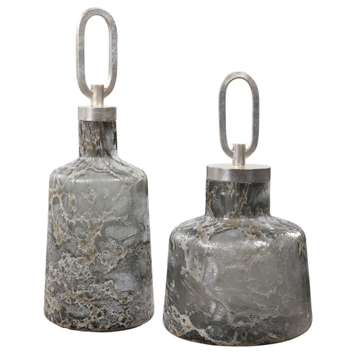Pair of dark gray Uttermost Storm art glass bottles, decorative vases and jars with sleek, modern design for home decor.