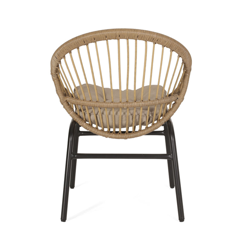 Set of two Noble House outdoor accent chairs with curved backs and basket frames in light brown and beige.
