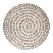 Simpli-Home Yolanda round pouf in natural fabric, accent style, soft and versatile for living room or bedroom decor.