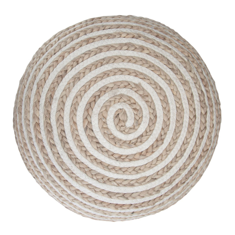 Simpli-Home Yolanda round pouf in natural fabric, accent style, soft and versatile for living room or bedroom decor.