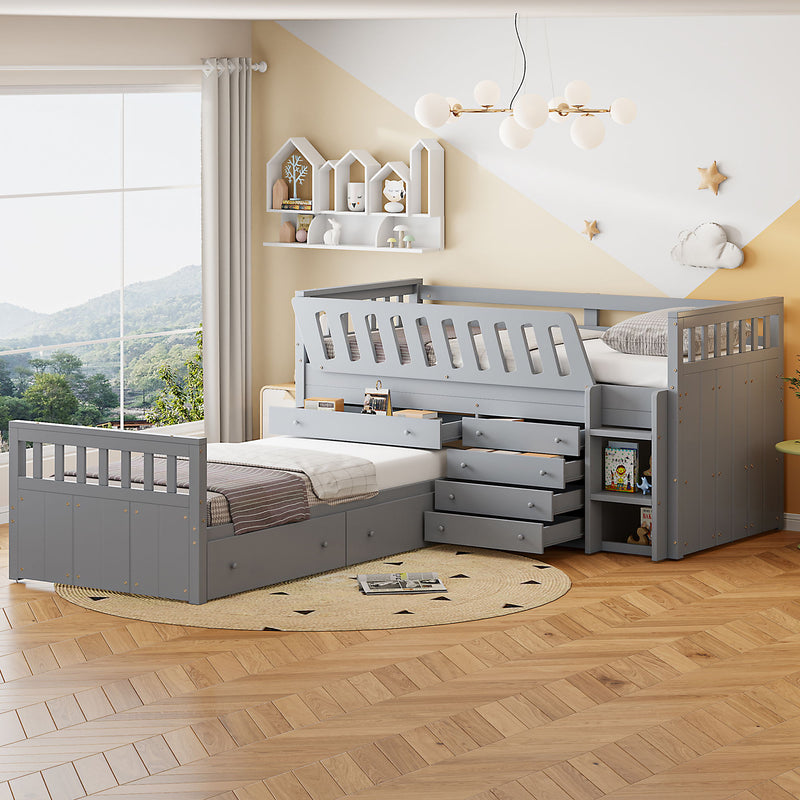 DreamHaus loft platform bed with 7 drawers, full guardrails, modern L-shaped design, space-saving furniture for bedroom storage