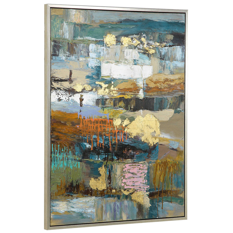 Hand painted blue Fiesta canvas art by Uttermost, featuring vibrant brushstrokes on a textured canvas for decorative wall display.