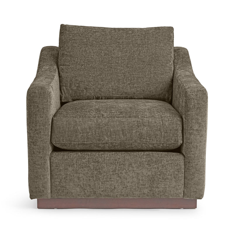 Classic Home Aspen arm chair with plush beige fabric and wooden legs, stylish accent seating for living rooms.