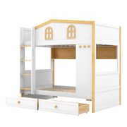 Dreamland twin over twin bunk bed with house-shaped guardrails, storage shelves and drawers in white and natural finish.
