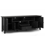 Simpli-Home Amherst wide TV media stand with wood finish, featuring open shelves and storage cabinets for living room entertainment.