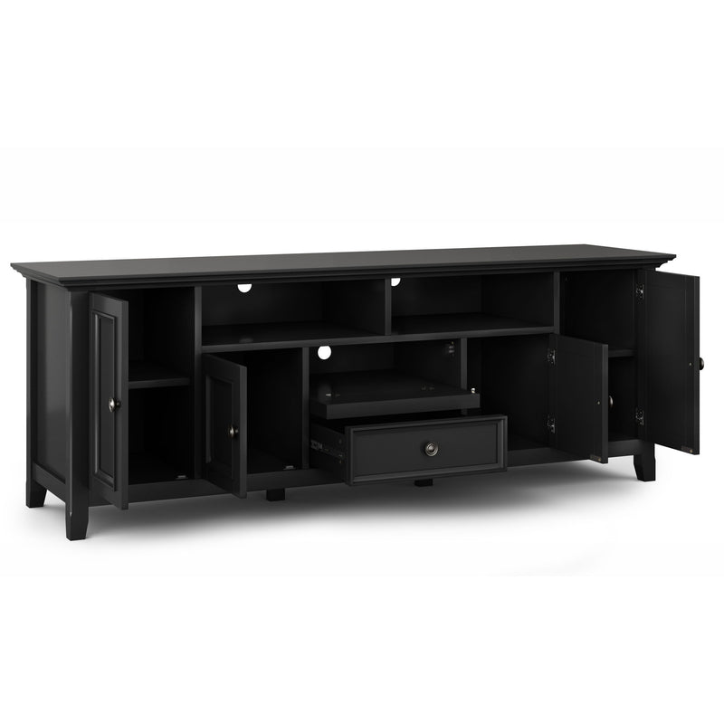 Simpli-Home Amherst wide TV media stand with wood finish, featuring open shelves and storage cabinets for living room entertainment.