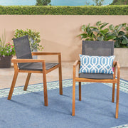 Set of two Noble House Belfast dining chairs with acacia wood frames and upholstered seats, showcasing elegant natural wood and fabric.