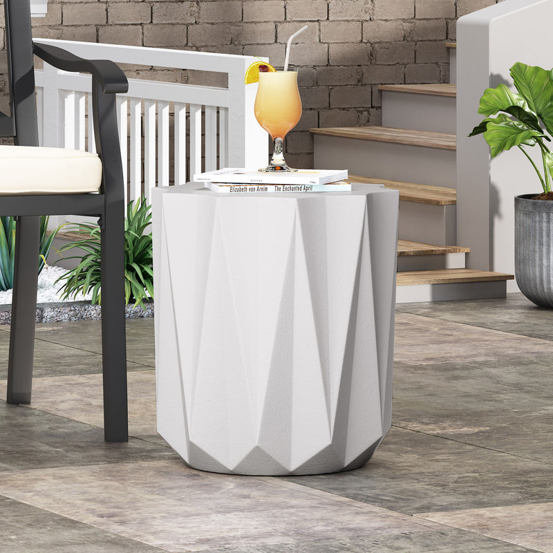 Outdoor lightweight concrete side table in antique white by Noble House, featuring a sturdy round design suitable for patio or garden use.