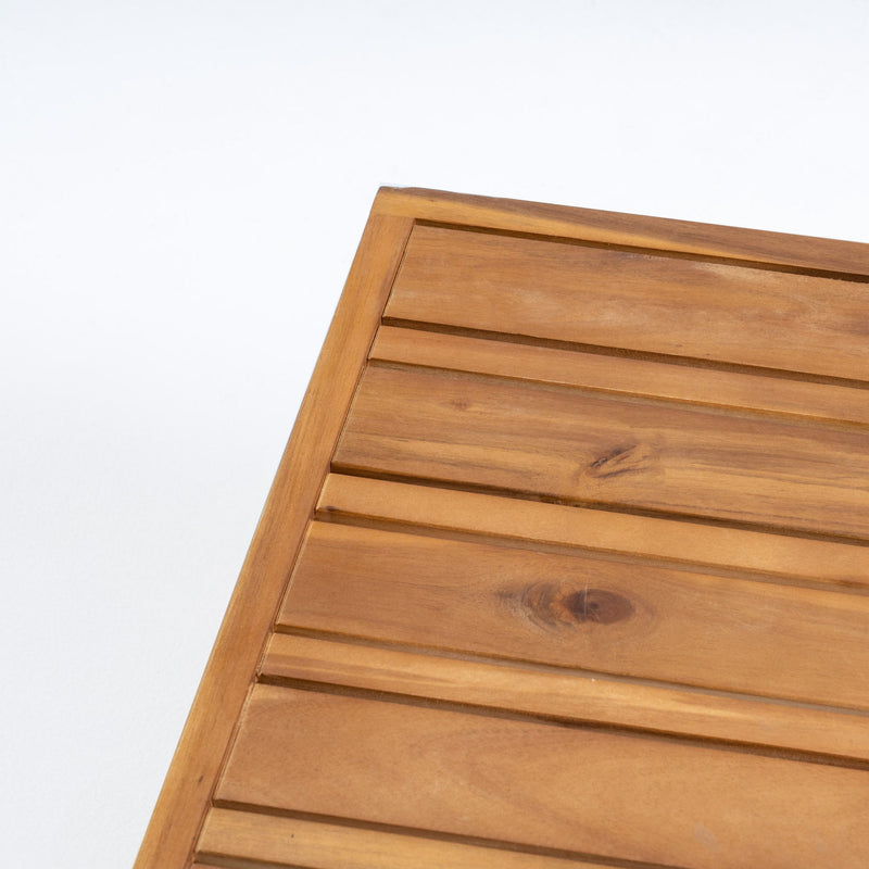 Square outdoor coffee table by Noble House with teak frame and slat top, ideal for patio or garden seating areas.