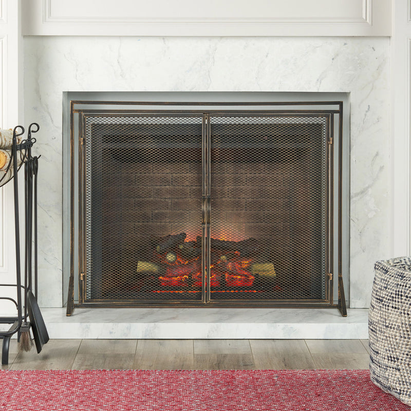 Noble House Samantha iron fireplace screen with two door design, decorative black metal fireplace protection mesh.