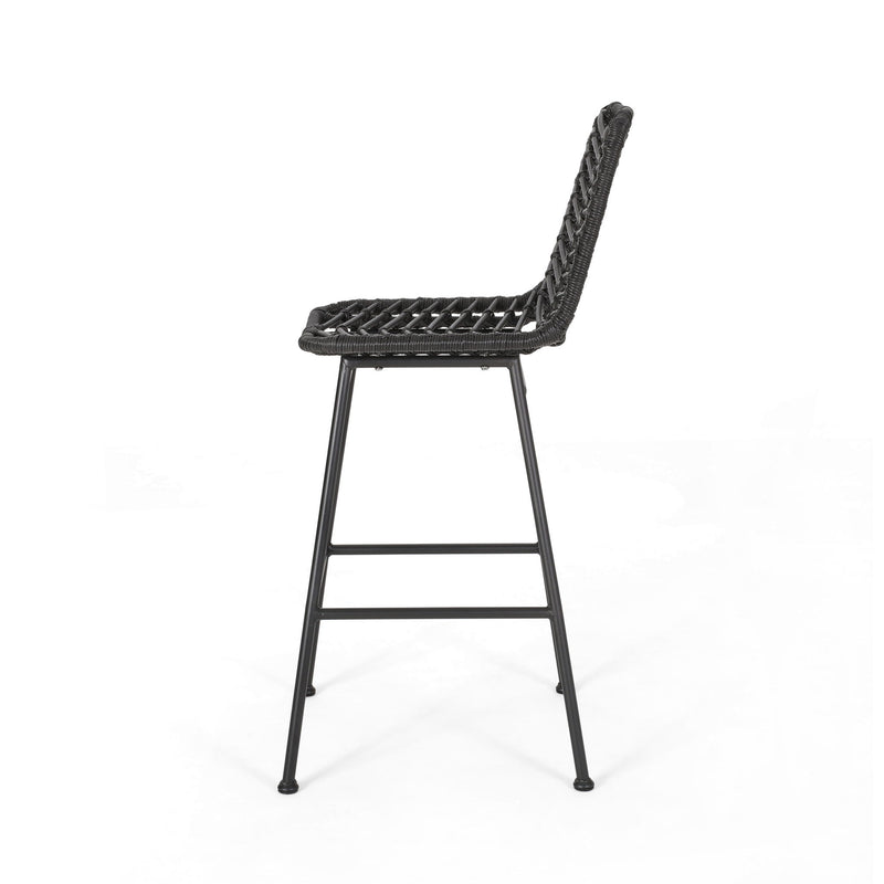 Noble House Sawtelle outdoor wicker barstools set of 2 with armrests and cushions, ideal for patio or outdoor bar seating.