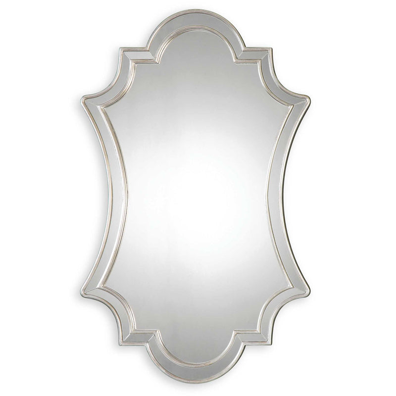 Elara wall mirror by Uttermost with antiqued silver finish, featuring a round frame and elegant reflective surface.