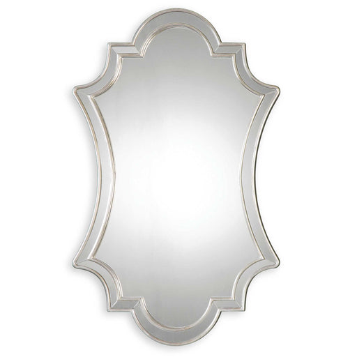 Elara wall mirror by Uttermost with antiqued silver finish, featuring a round frame and elegant reflective surface.