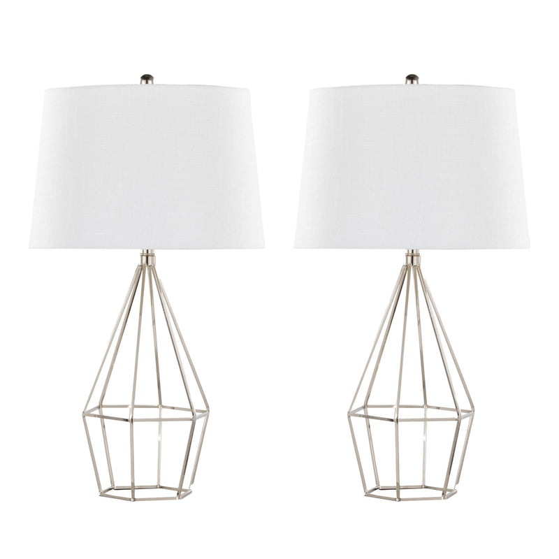 Pair of Lumi Source Diana contemporary table lamps with polished nickel and black satin finishes, featuring sleek modern design.